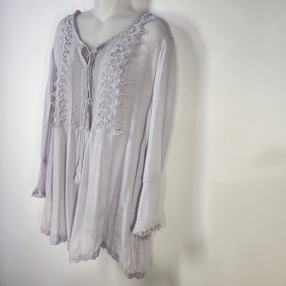 Cal Style Top Women XL Bo Crochet Yoke Tie Front Tunic Tassel Lightweight Purple - Picture 4 of 11